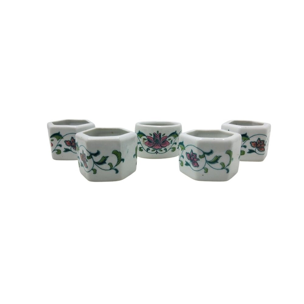 Set Of 5 Vintage Chinese Floral Hexagonal Porcelain Napkin Rings